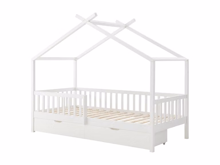 Cama cabaña para niños KIRALIO con cajones, estilo escandinavo en pino y MDF, color blanco, An/P/Al: 90 x 190 x 120 cm