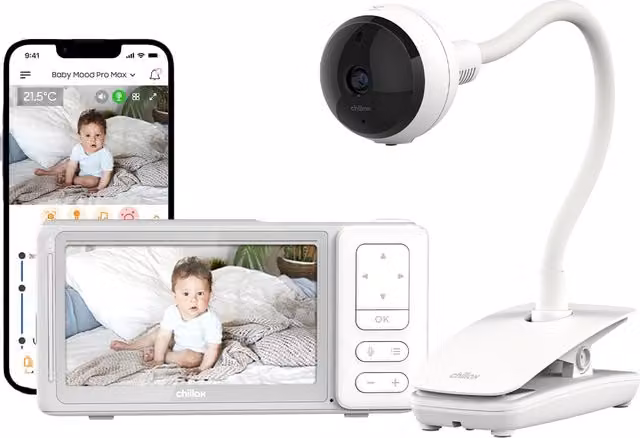 Monitor de vigilancia para bebés Chillax con cámara de jirafa, pantalla LCD HD de 5 pulgadas, resolución Full HD 1080p, visión nocturna, talkie-walkie y conexión WiFi en color blanco