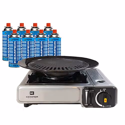 Barbacoa parrilla 2 en 1 Kemper con estufa de gas piezoeléctrica de 2200 W, placa grill y 8 cartuchos de gas butano para camping en color negro y plata