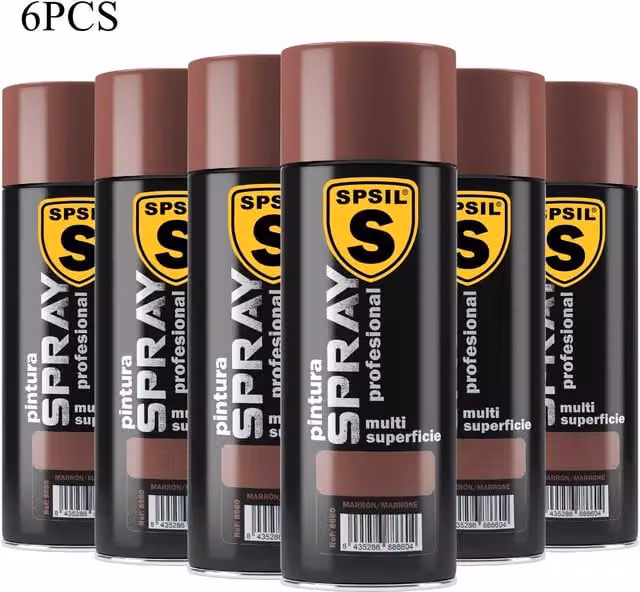 Pack de 6 unidades de Spray de pintura profesional Spsil con acabado brillante en color marrón de 200 ml para madera, de secado rápido y apto para interior y exterior