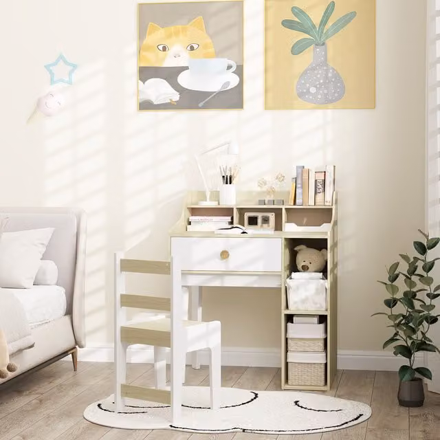 Conjunto de escritorio y silla infantil PZCC con estantes y cajón en color blanco y acabado mate de madera MDF