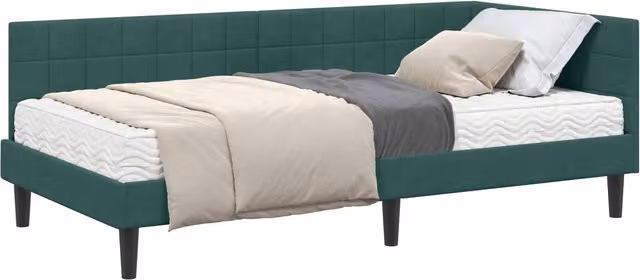 Estructura de cama de esquina con colchón SYFAX en terciopelo verde, An/P/Al: 90 x 200 x 72 cm