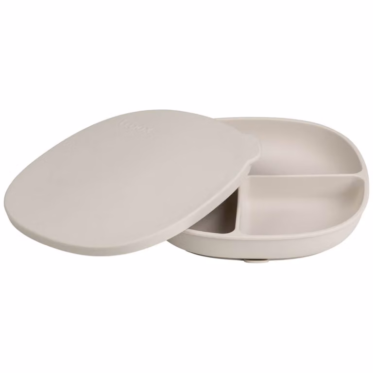 Plato dividido de silicona B.Box color beige para bebé con ventosa y tapa, apto para microondas, congelador y lavavajillas