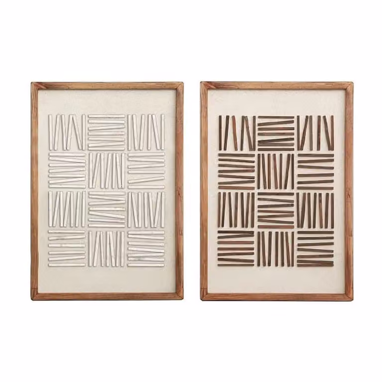 Conjunto de 2 cuadros 3D de madera reciclada NIYLO en color blanco, diseño geométrico minimalista, An/Al/P: 42 x 62 x 4 cm
