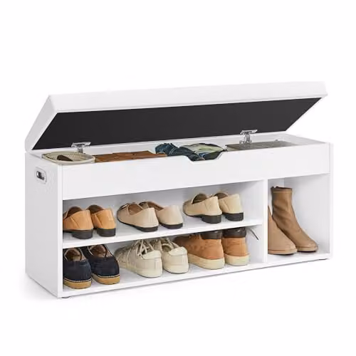Banco zapatero con cojín VASAGLE blanco con 3 compartimentos de almacenamiento para pasillo o dormitorio
