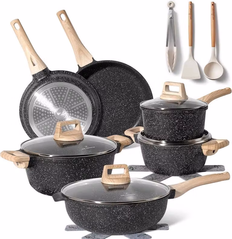 Juego de 15 piezas de utensilios de cocina B2X con revestimiento antiadherente de piedra volcánica y tapas de cristal en color negro