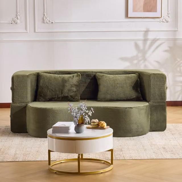 Sofá cama futón KELLANY de espuma con diseño moderno en color verde y tejido boucle para salón o dormitorio