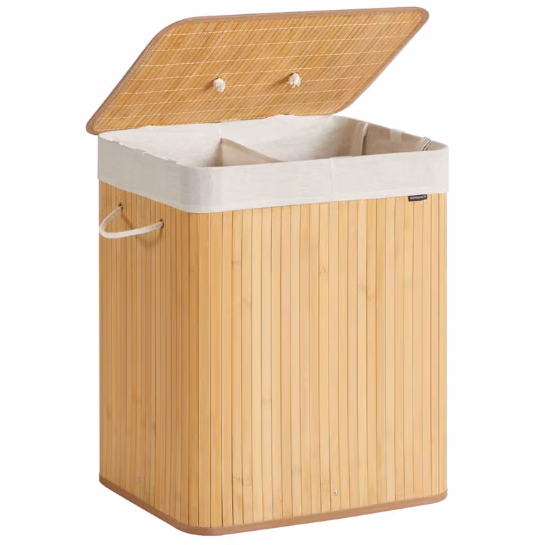 Cesto de la ropa sucia Songmics de 120 l con tapa de bambú, 2 compartimentos, plegable y con bolsas lavables en color beige y marrón