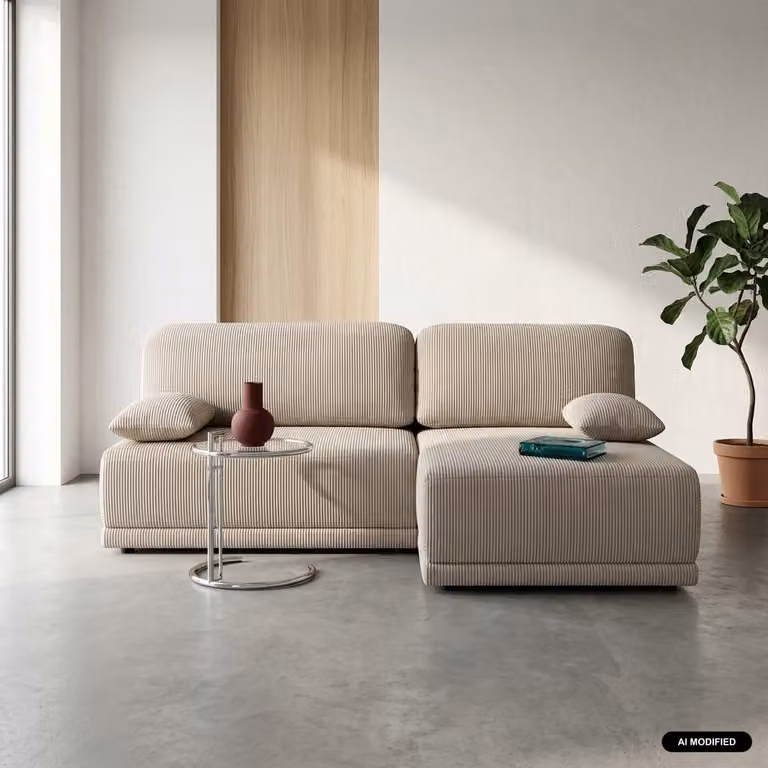 Sofá esquinero derecho convertible de pana acanalada con almacenamiento SWEEEK, 3 plazas, Pardo, An/P/Al: 218 x 140 x 81 cm