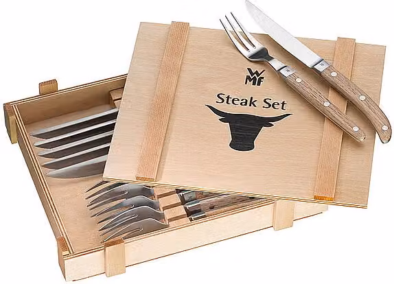 Set de cubertería para carne RANCH de WMF, 12 piezas para 6 personas, color plata mate con detalles de madera y acero inoxidable