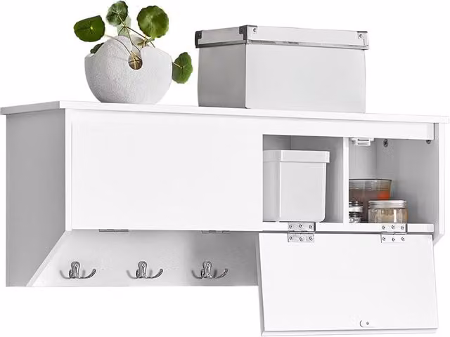 Perchero de pared Sobuy con 2 puertas, 5 ganchos y estante para pasillo o entrada, color blanco, An/P/Al: 78 x 20 x 30 cm
