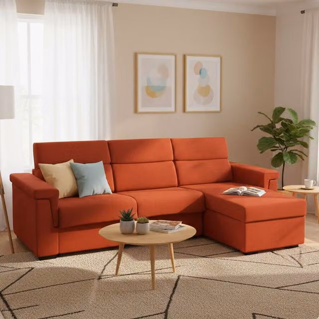Sofá cama con chaise longue DMORA naranja, con fundas desmontables y función de cama, fabricado en Italia