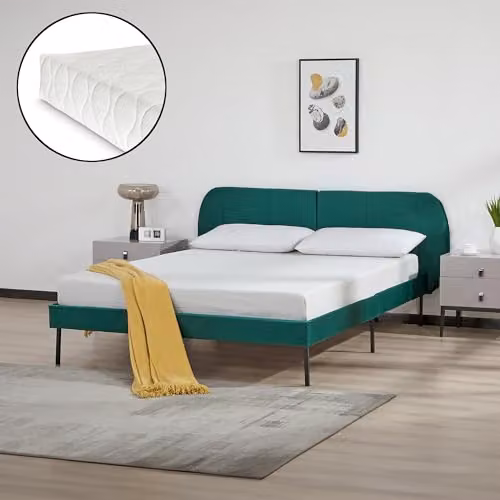 Cama de matrimonio Porvoo de en.casa con colchón y canapé abatible, tapizada en terciopelo verde, estructura de madera de pino, An/P/Al: 207 x 174 x 83 cm
