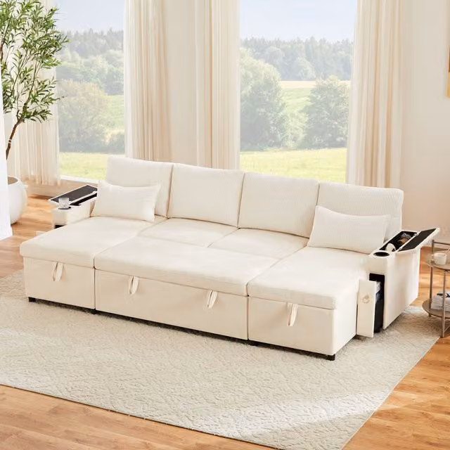 Sofá Cama en Forma de U de Cuatro Plazas KELLANY con Portavasos y Cojines, Sofá Esquinero Multifuncional en Tejido Chenille Beige y Blanco para Salón