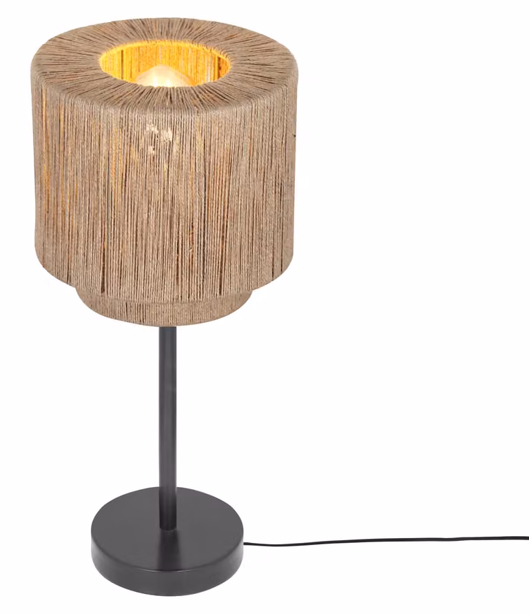 Lámpara de mesa Smilla de Trio con pantalla de ratán y base de metal en color negro y marrón estilo boho, An/P/Al: 21 x 21 x 44 cm