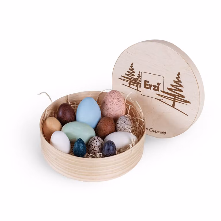 Huevos de madera Erzi decorativos para Pascua en colores beige y multicolor de 12 unidades
