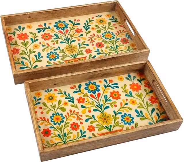 Juego de 2 bandejas decorativas con diseño floral de Signes Grimalt en color marrón y multicolor, An/P/Al: 43 x 28 x 5 cm