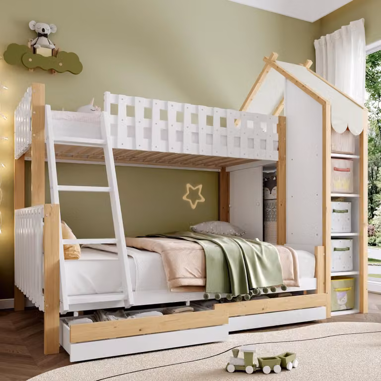 Cama superpuesta OKWISH para niños con barandilla, 2 cajones y colchón incluido, color blanco y beige, An/P/Al: 140 x 200 x 195 cm