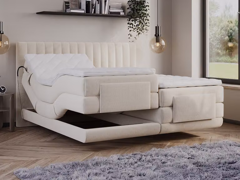 Conjunto de cama boxspring DONISI de PALACIO con cabecera de terciopelo beige, dos somieres eléctricos relax, colchón de muelles ensacados y sobrecolchón, An/P/Al: 90 x 200 x 188 cm