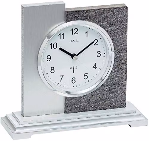 Reloj de mesa analógico AMS 5150 con control por radio en colores gris, blanco y plata