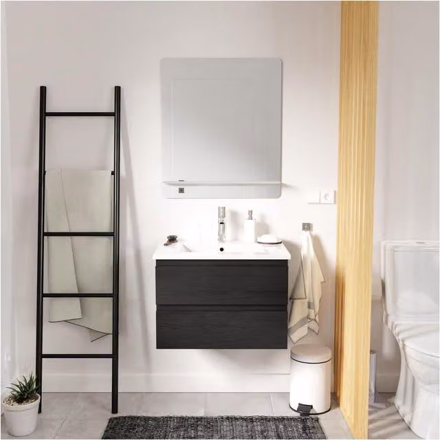 Mueble de baño suspendido Mob In Sorrento en color negro con lavabo de cerámica, espejo con iluminación LED y cajones con cierre suave, An/P/Al: 60 x 46 cm