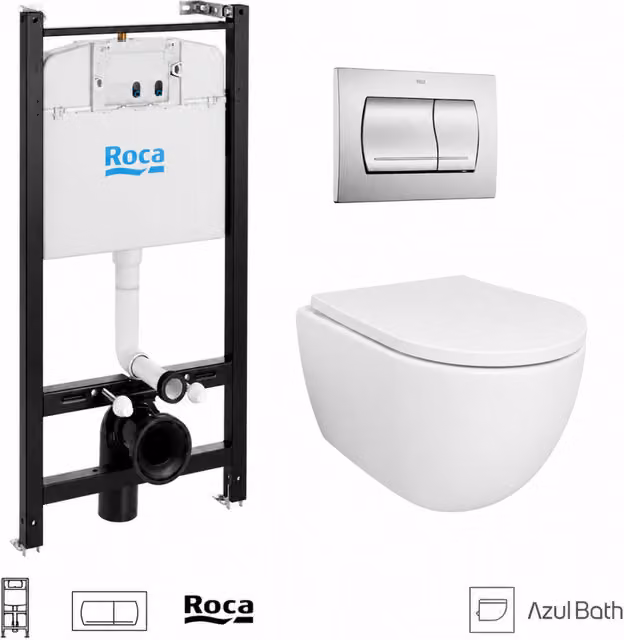 Pack de inodoro suspendido Roca Active con bastidor empotrado, cisterna, pulsador en cromo brillo y sanitario Swiss de 54 cm con cierre suave en color blanco