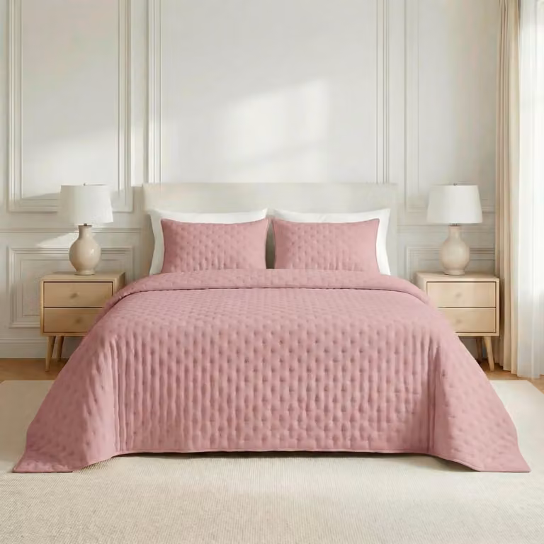 Colcha acolchada lisa extrasuave rosa para cama de 300 x 270 cm