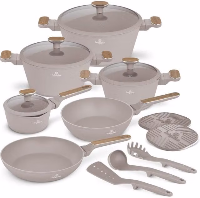 Set de 15 piezas de cocina Berlinger Haus con superficie de titanio antiadherente en color beige y materiales de aluminio y cerámica que incluye cazo, sartén y tapa