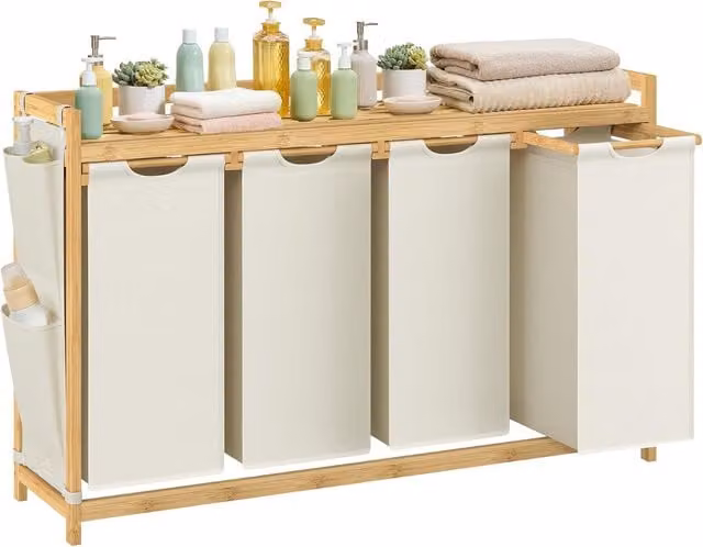 Cesto para ropa sucia SONGMICS de bambú con 4 compartimentos, estante y bolsillos laterales, color blanco, 124,6 x 33 x 78 cm