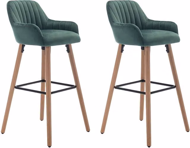Juego de 2 taburetes de bar Eleana de terciopelo verde oscuro con estructura de metal y madera de haya estilo retro