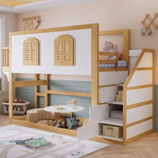 Cama semialta infantil MODFU con zona de juegos, escalera con cajones y estructura de madera en blanco y beige, An/P/Al: 90 x 200 x 183,5 cm