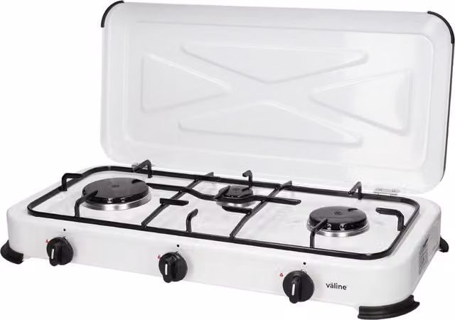 Hornillo de gas GSC de 3 quemadores sobre mesa en color blanco