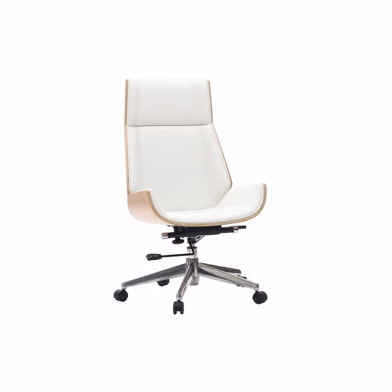 Sillón de oficina ejecutivo Miliboo Curved de diseño moderno en color blanco y madera de fresno con altura ajustable