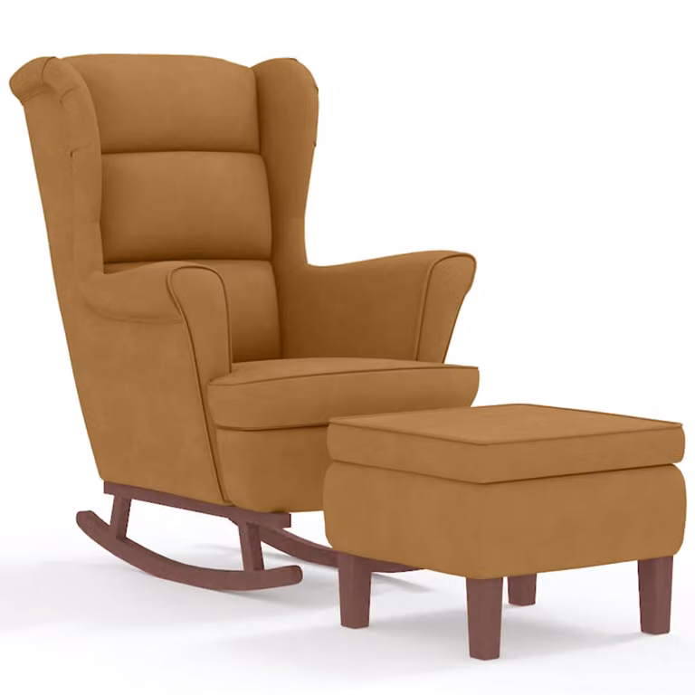 Mecedora con respaldo alto de terciopelo marrón y estructura de madera maciza vidaXL con otomana incluida