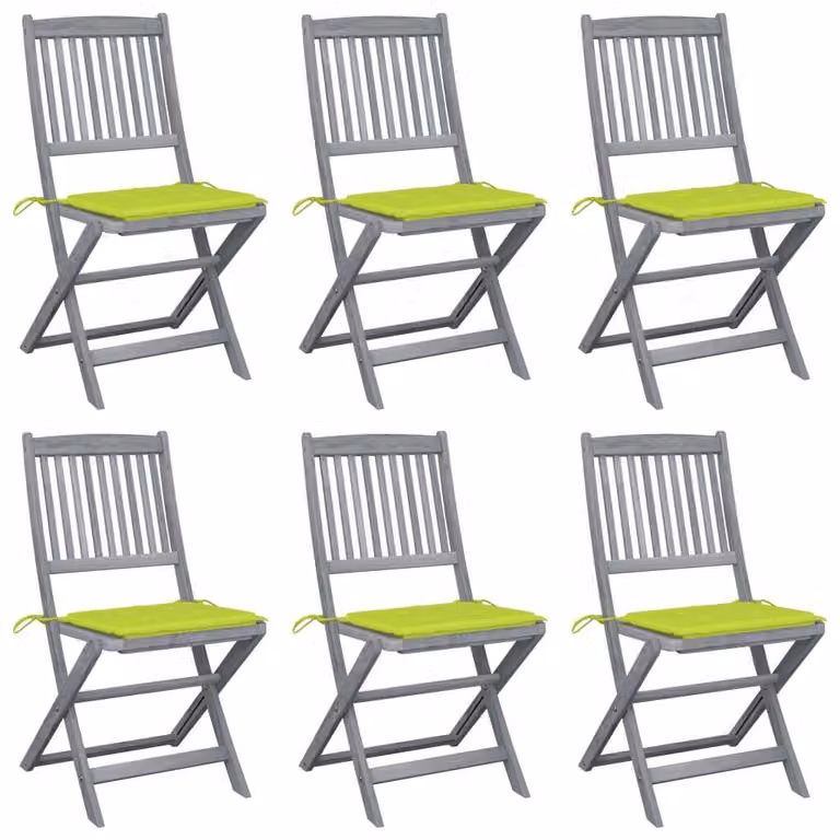 Set de 6 sillas de jardín plegables Syfax de madera de acacia con cojines de tela resistentes a los rayos UV en colores gris o verde