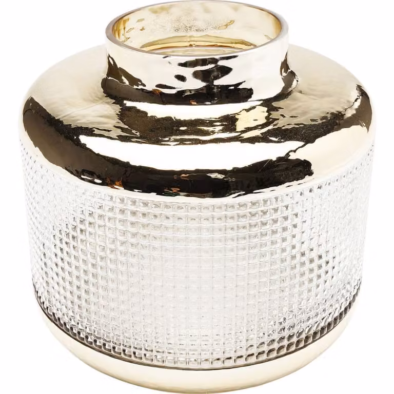 Jarrón de cristal redondo Kare Design en colores transparente y dorado con diseño geométrico de estilo glamour, Altura: 19 cm