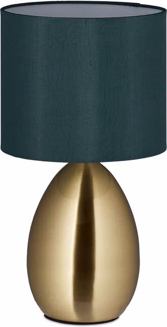 Lámpara de mesita de noche táctil moderna relaxdays con pantalla de tela verde y base dorada, Altura: 34 cm, Diámetro: 18 cm