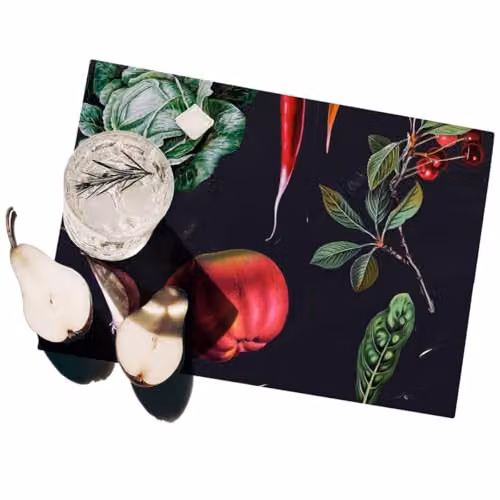 Juego de 2 manteles individuales plastificados Produce Shop con diseño floral en color negro, rectangulares, 42 x 30 cm