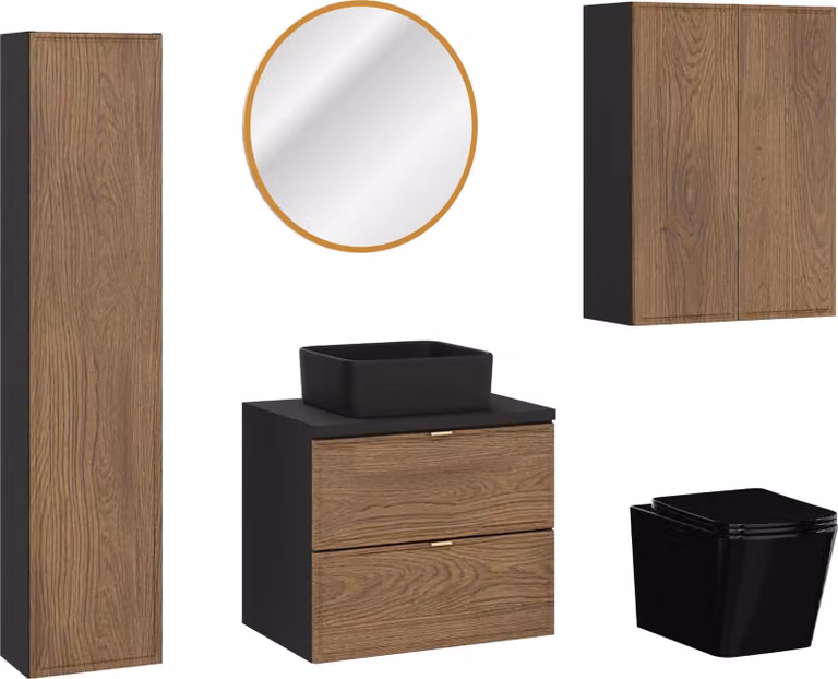 Conjunto de baño moderno Casella de DMK con mueble de lavabo, armario espejo con iluminación LED y acabado en madera de roble mate
