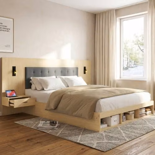 Cama Baúl OKWISH de Estilo Escandinavo con Almacenamiento, Puertos USB, Lámparas de Lectura y 2 Mesitas de Noche, Roble, 160x200 cm