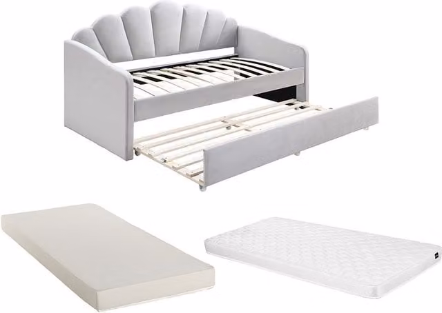 Cama nido con forma de concha Elusia tapizada en terciopelo gris claro con colchón incluido, An/P/Al: 190 x 90 x 105 cm