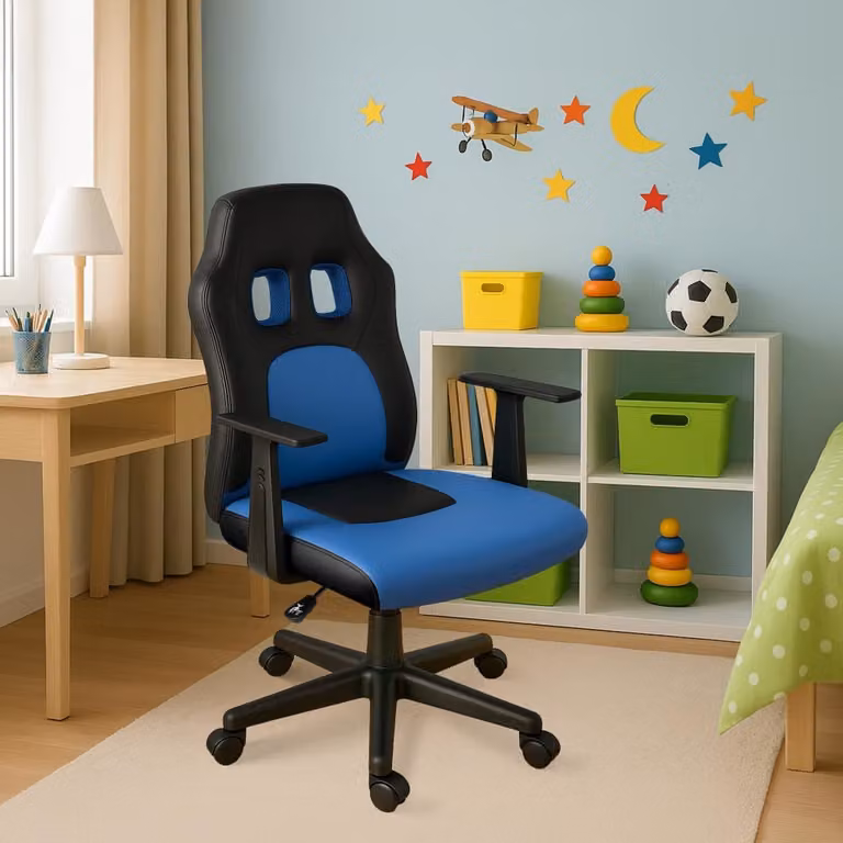 Silla de oficina giratoria para niños en simil cuero negro y azul con reposabrazos y ruedas