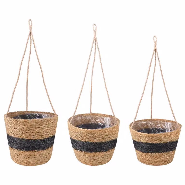 Set de 3 macetas colgantes de estilo boho vidaXL en colores natural y negro de hierba marina Ø26 x 19 cm