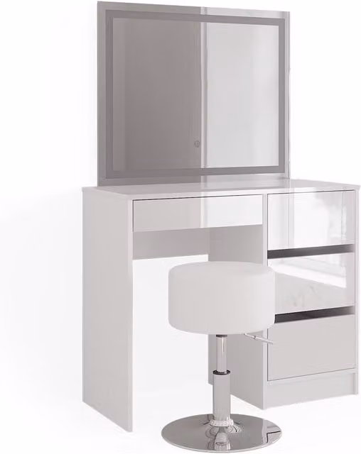 Tocador Vicco Sherry blanco con espejo LED y taburete ajustable para dormitorio