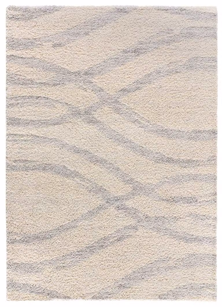 Alfombra de pelo largo Atticgo con diseño geométrico escandinavo en colores beige, gris y plata, An/P: 160 x 230 cm