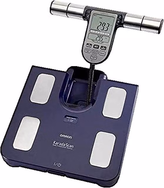 Báscula personal electrónica Omron BF511 azul con medición de grasa corporal, masa muscular, IMC y metabolismo basal