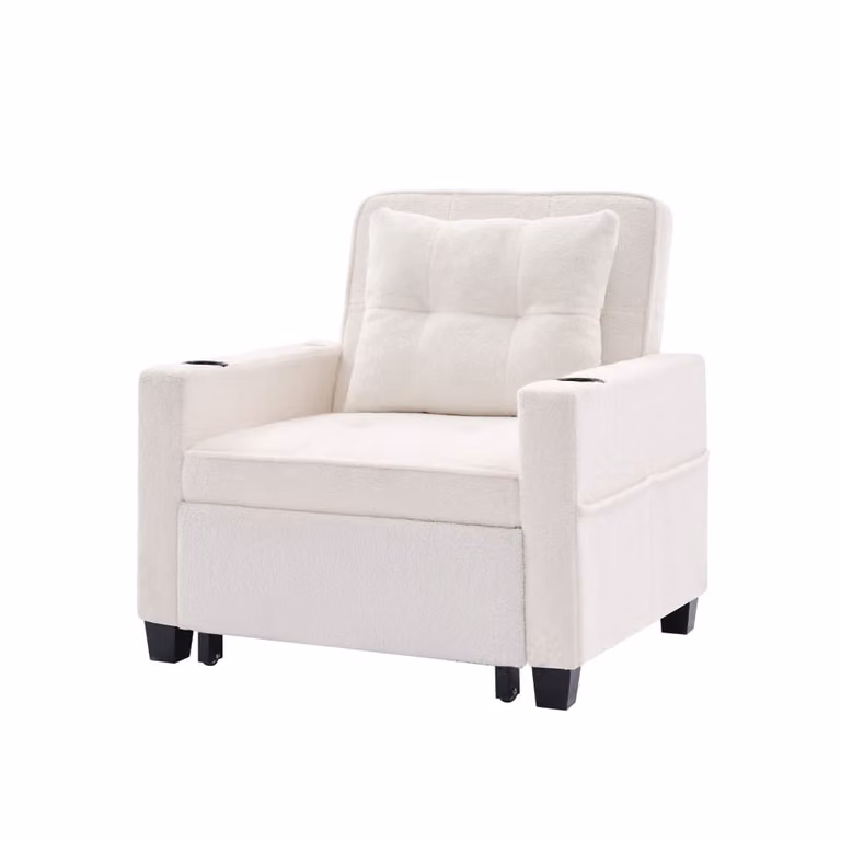 Sillón cama relax OKWISH de color blanco con estructura de madera y metal, incluye otomana extensible y toma de corriente, An/P/Al: 74 x 87 x 84 cm