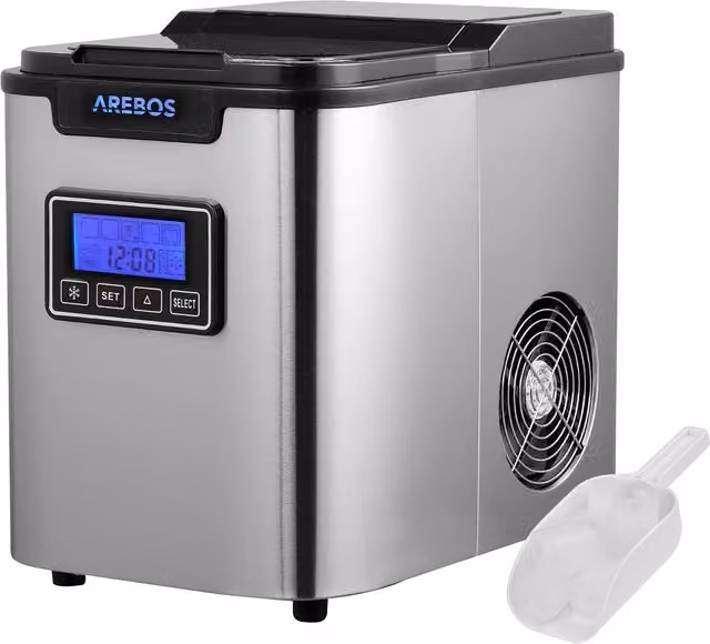 Máquina de cubitos de hielo Arebos de acero inoxidable con pantalla LCD, capacidad de 2,2 l y producción de 12 kg/24h en color plata