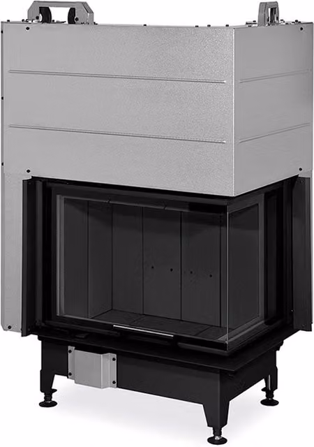 Chimenea de leña esquinera derecha ROMOTOP Heat E2G65-40 en color negro y gris