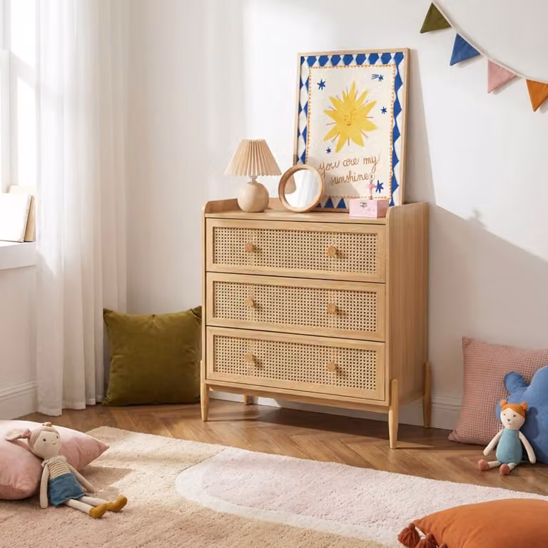 Cómoda Baita de 3 cajones en roble y ratán efecto caña para dormitorio o habitación infantil, color marrón y beige